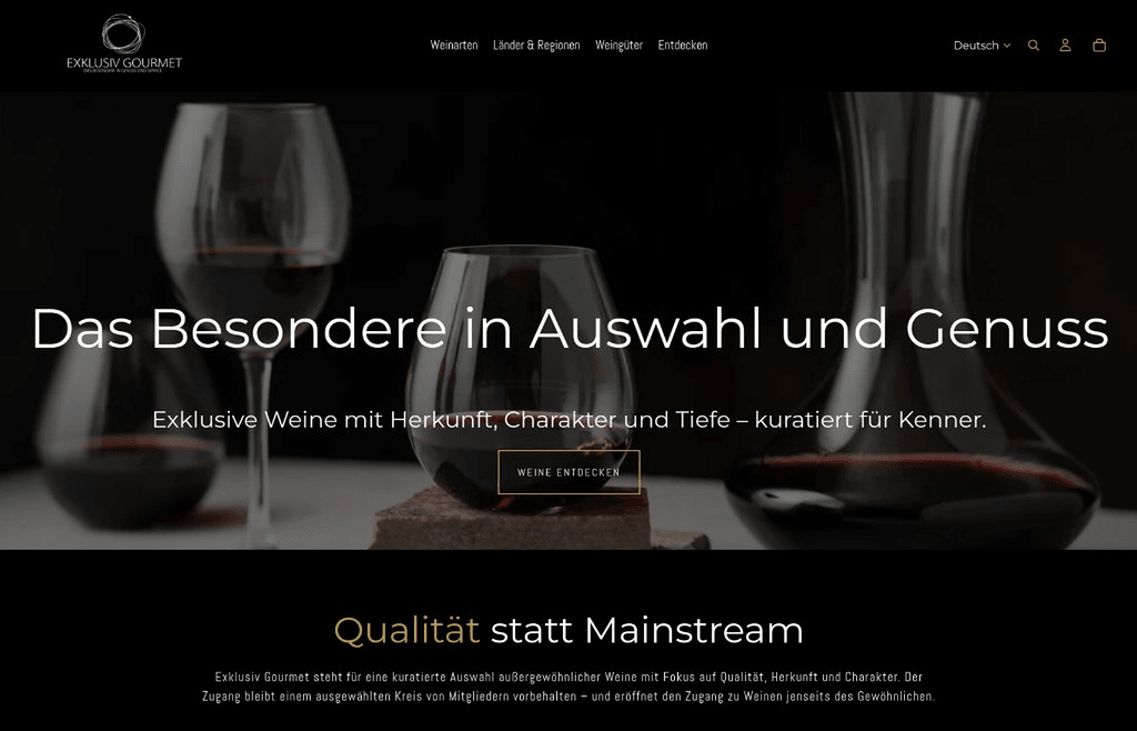 Startseite des Exklusiv-Gourmet-Weinshops mit hochwertiger Produktpräsentation