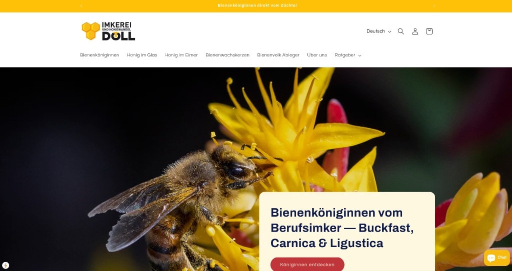 Hero-Bereich der Imkerei-Doll-Website mit Bienenköniginnen-Angebot