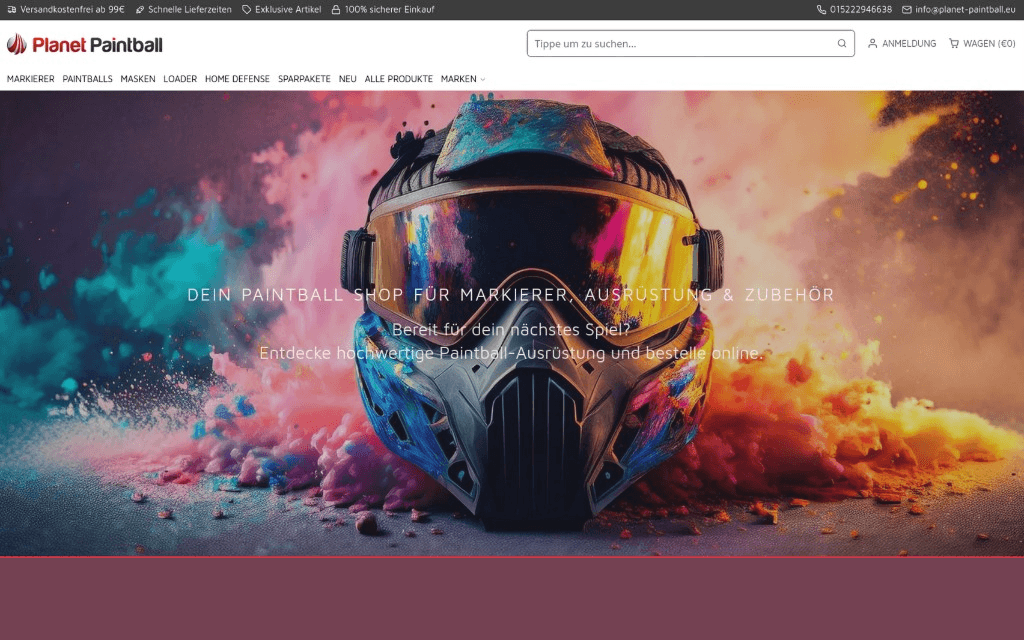 Startseite des Planet-Paintball-Shopify-Shops mit Paintball-Ausrüstung als Hero-Motiv