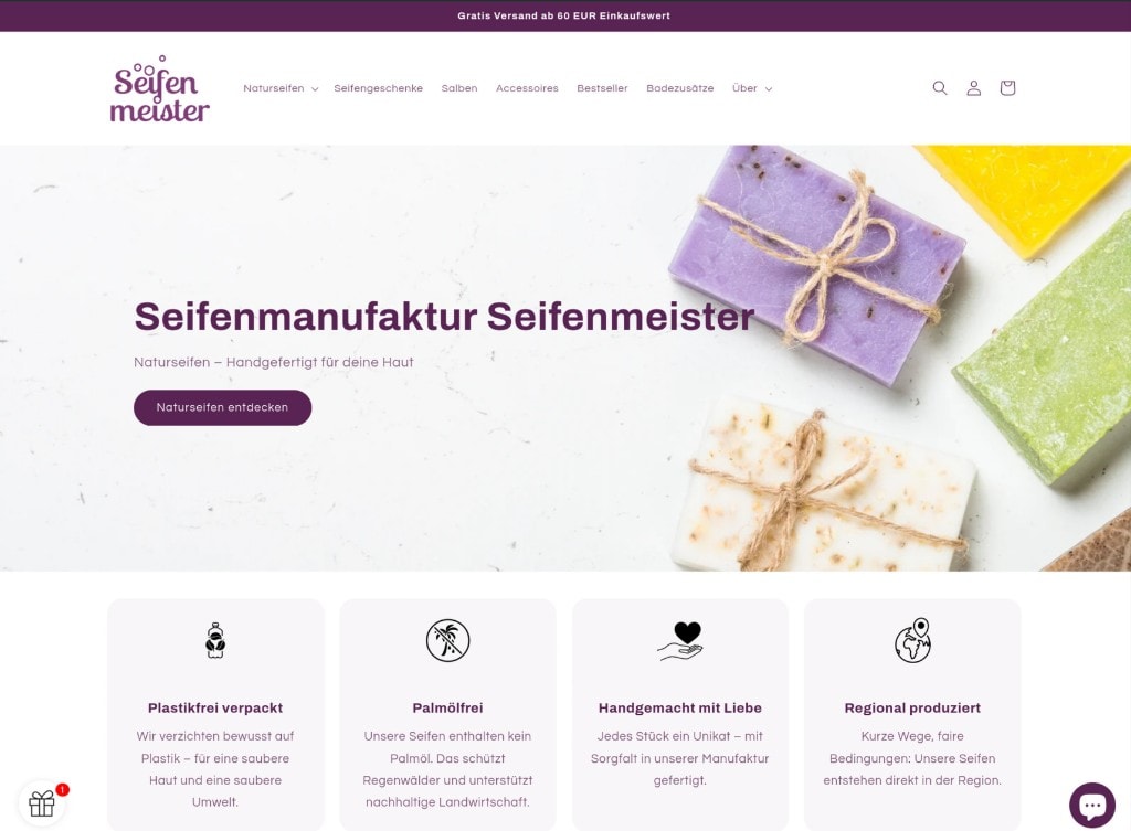 Startseite des Seifenmeister-Onlineshops mit handgefertigten Naturseifen